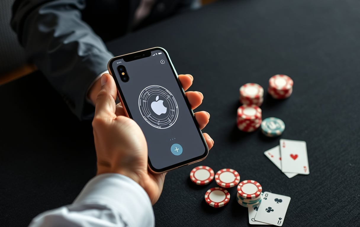 Person som betaler med Apple Pay på casino, iPhone med Face ID, sjetonger og kort på bordet.