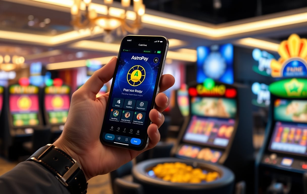 Person med AstroPay-app på mobil foran nettcasino