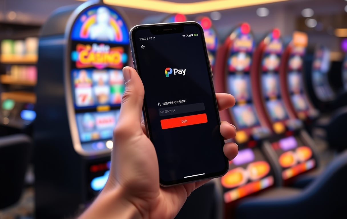 Mobiltelefon med Google Pay-betaling på et norsk casino, med spilleautomater i bakgrunnen