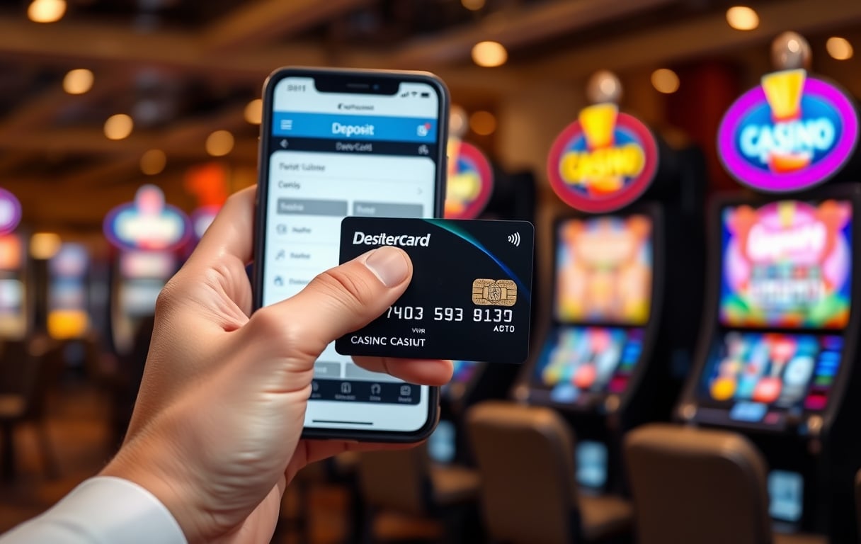 Hånd som holder Mastercard-debetkort ved en mobiltelefon med casino-kasse åpen