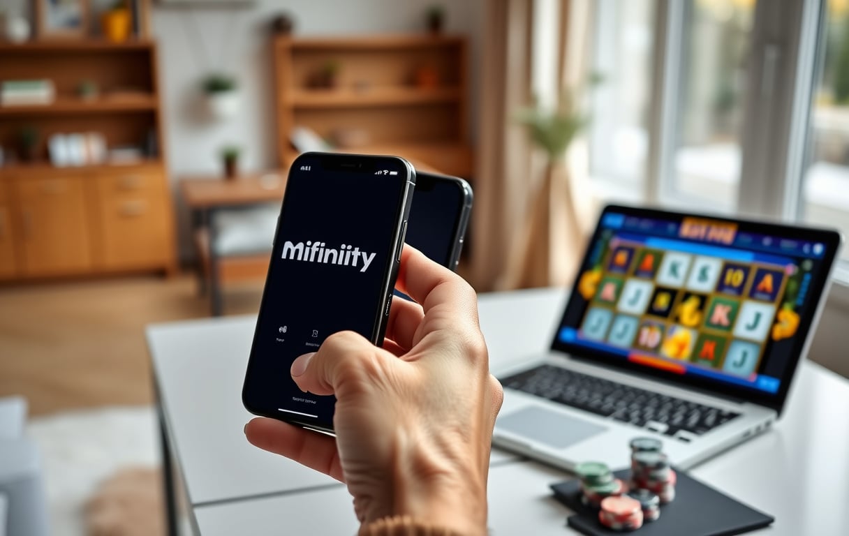 Person bruker MiFinity-appen på mobil for å sette inn penger på et nettcasino