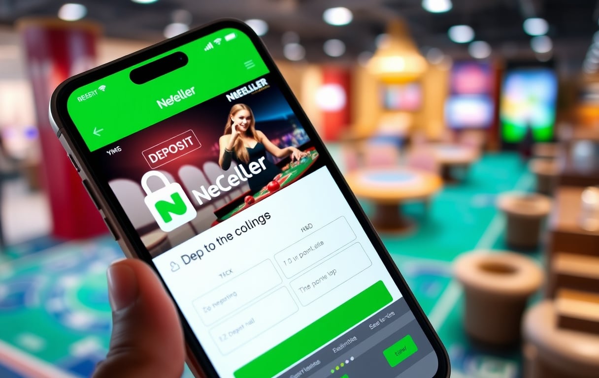 Smarttelefon med Neteller-appen og casinoinnskudd i bakgrunnen