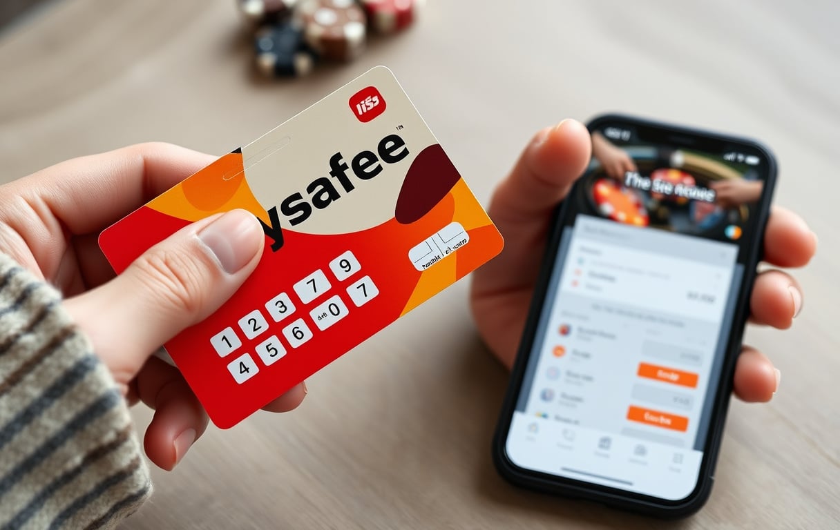 En hånd som holder en Paysafecard-kupong ved siden av en mobiltelefon med casinoets innskuddsside åpen.