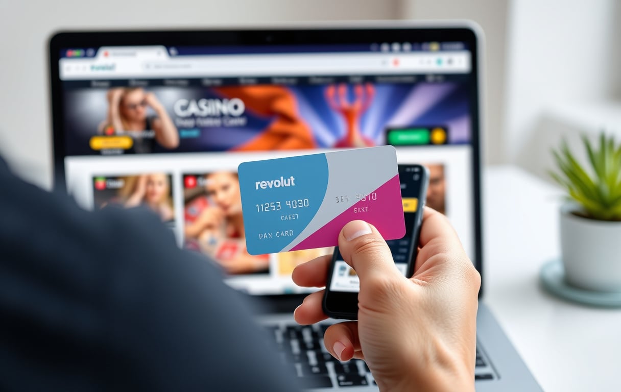 Person som holder Revolut-kort foran en laptop med casino-nettside, betalingsbekreftelse på mobilen.