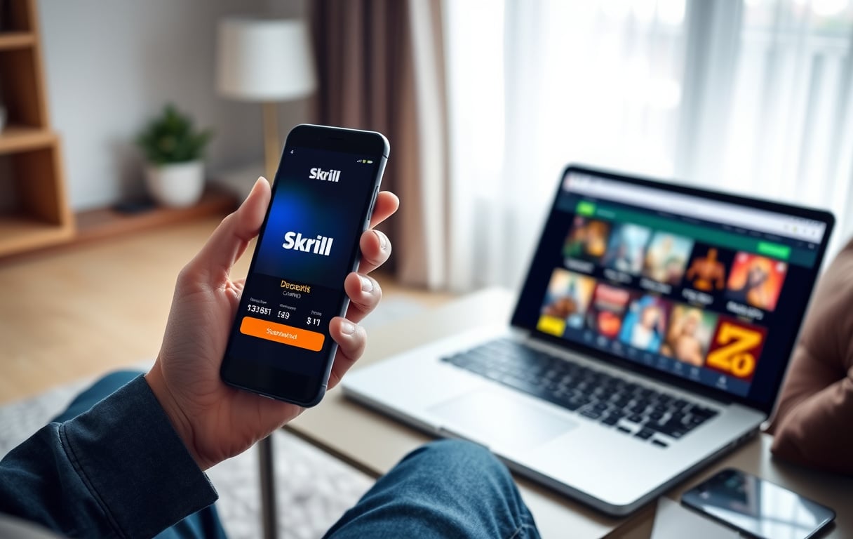 Person som bruker Skrill-appen på mobil for å sette inn penger på et nettcasino
