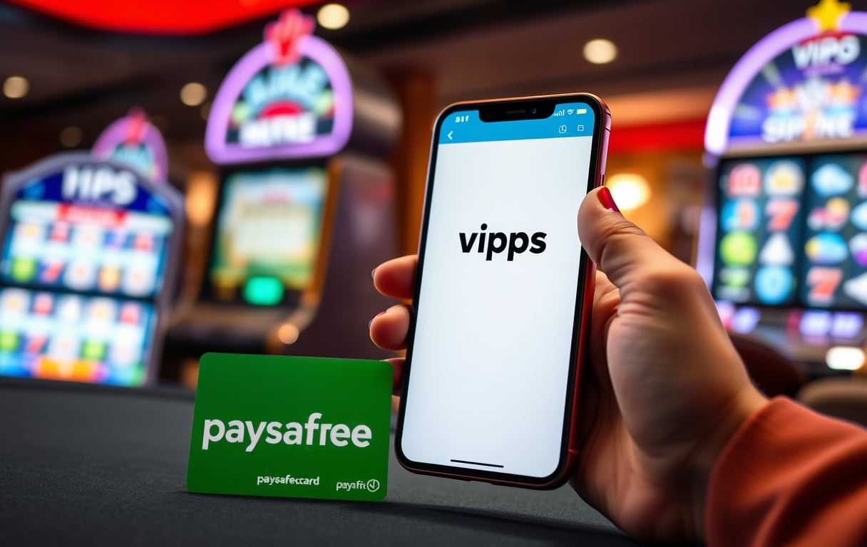 Person med Vipps-app på mobil og Paysafecard på casino-bord