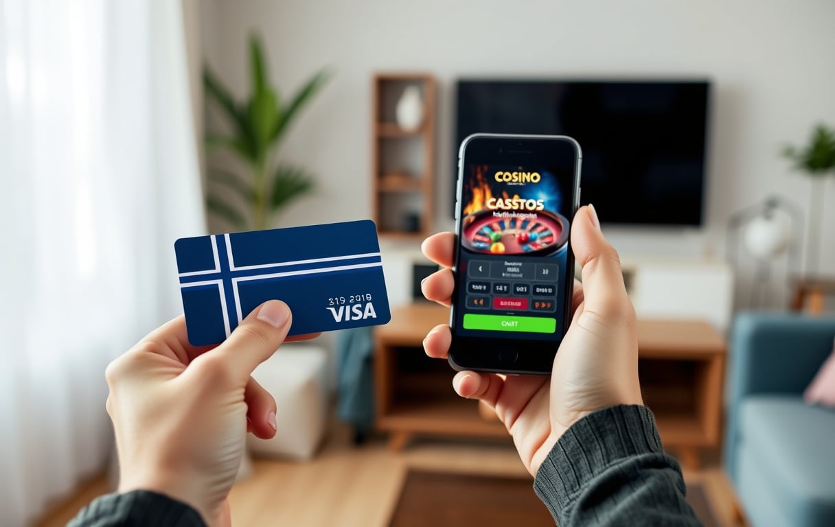 En person holder et Visa debetkort og en mobiltelefon med casinoinnskudd på skjermen, illustrasjon av betalingsmetode.