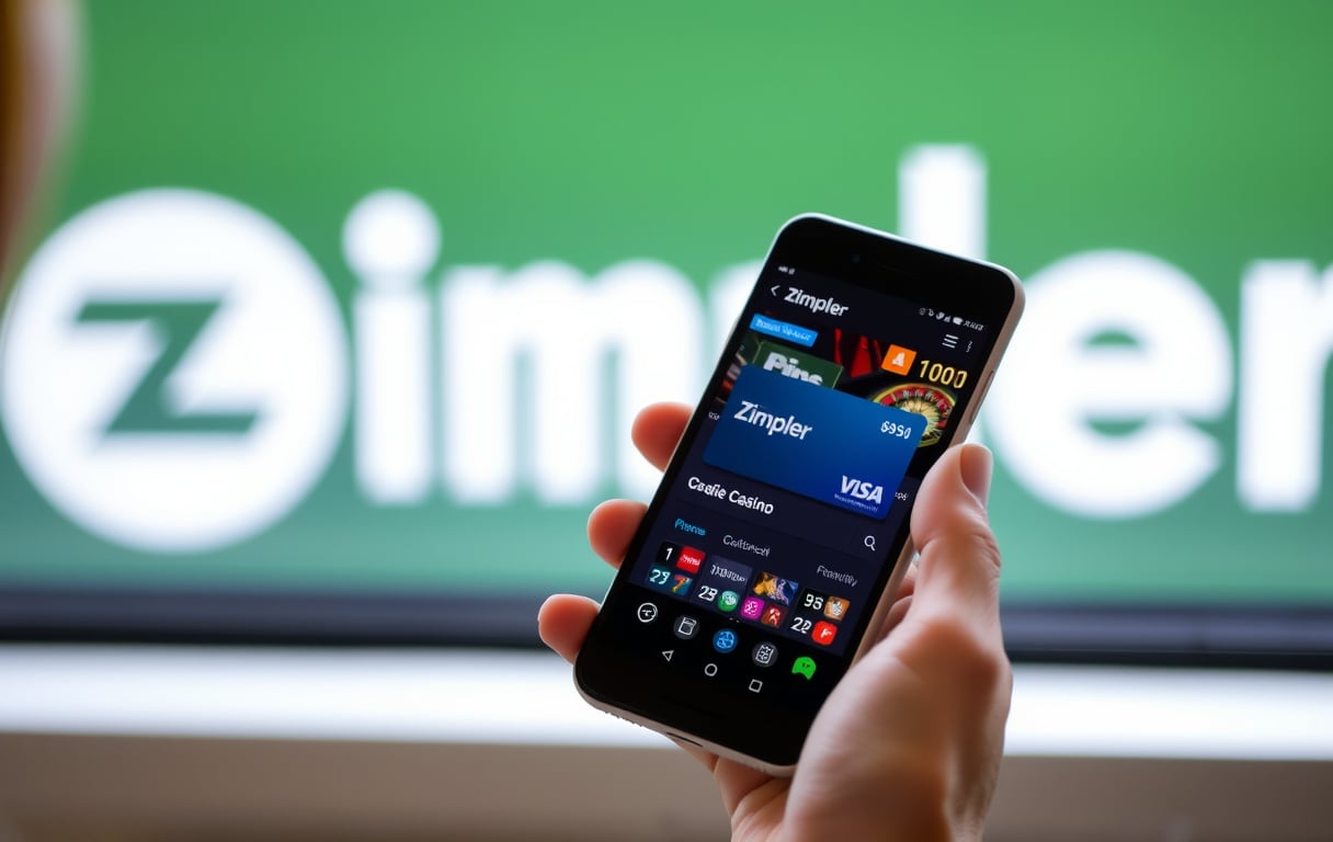 Person med mobiltelefon som viser Zimpler-betaling på et casino, med BankID-ikon i bakgrunnen.