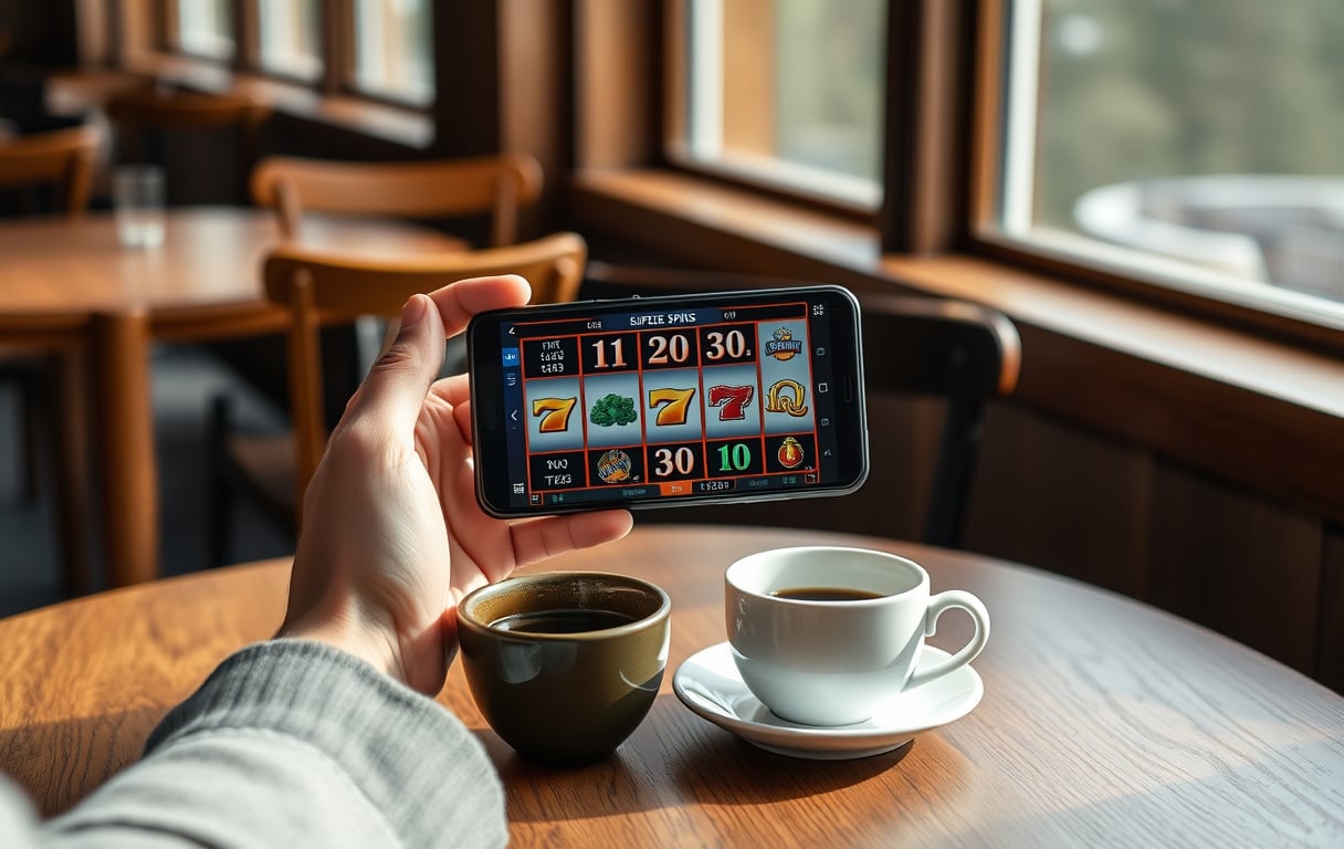 Person med kaffekopp og mobil som viser gratisspinn på en spilleautomat