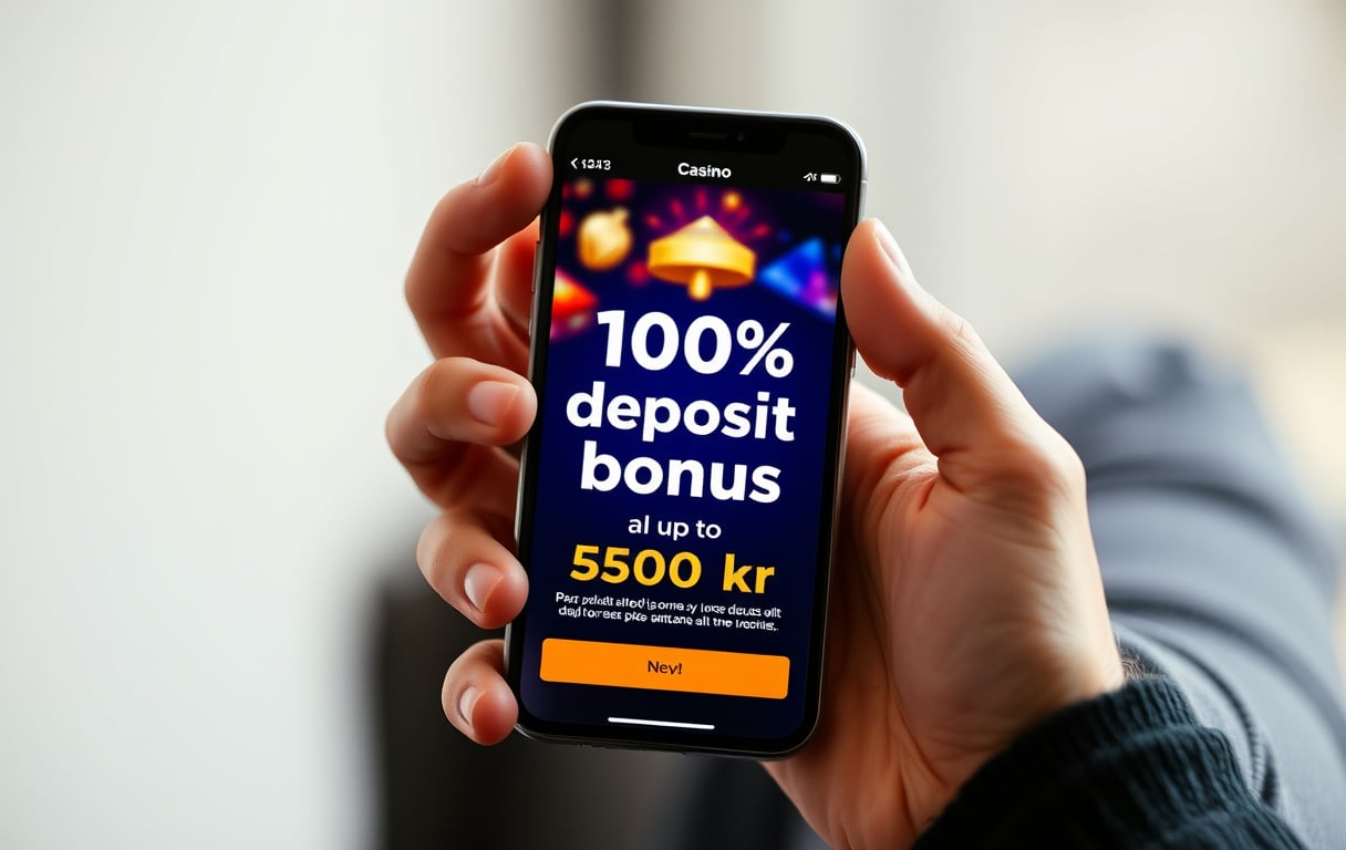 Person som holder en mobiltelefon med tilbud om 100 % innskuddsbonus opptil 5 000 kr på skjermen.