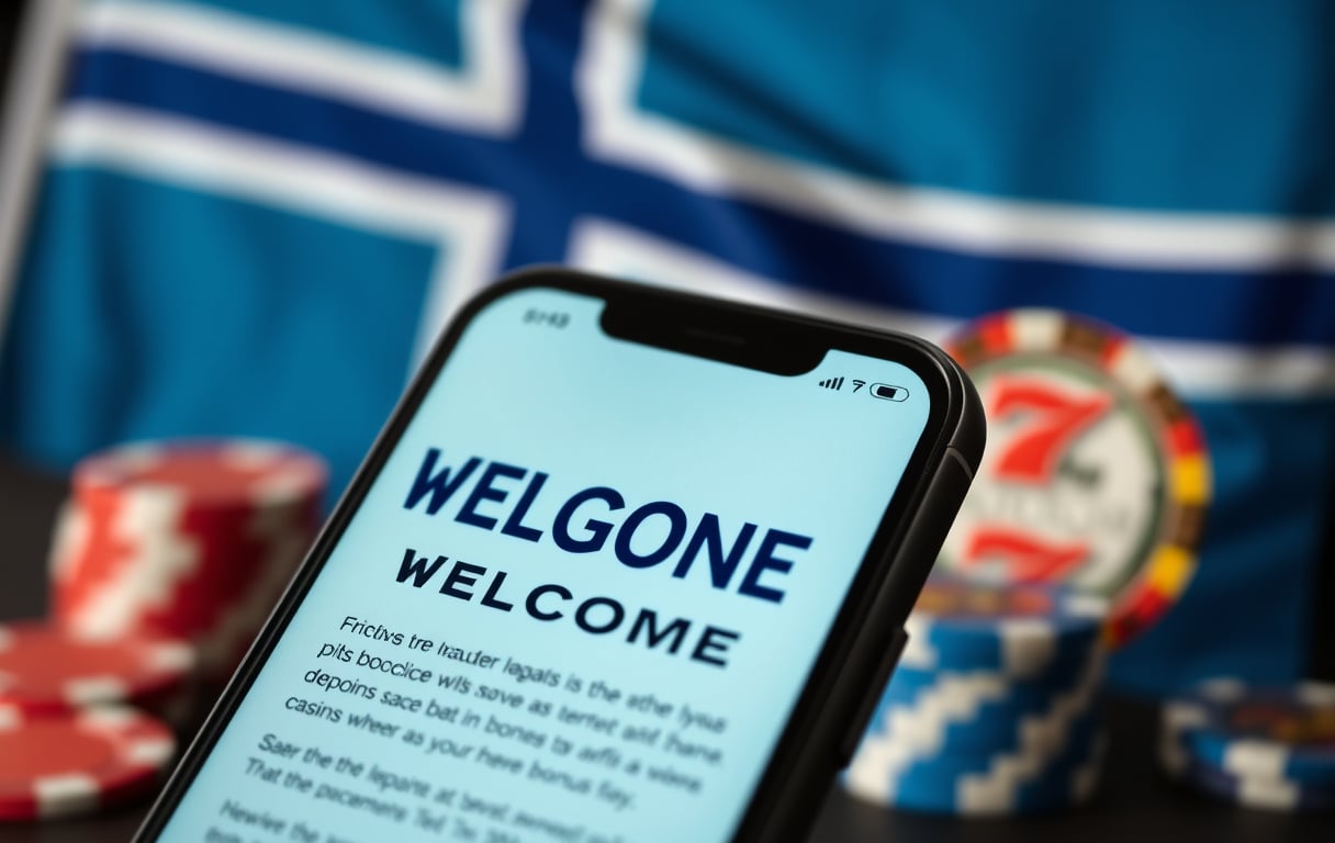 Nærbilde av mobilskjerm med velkomstbonus-tilbud, norsk flagg i bakgrunnen, spilleautomater og sjetonger uskarpe