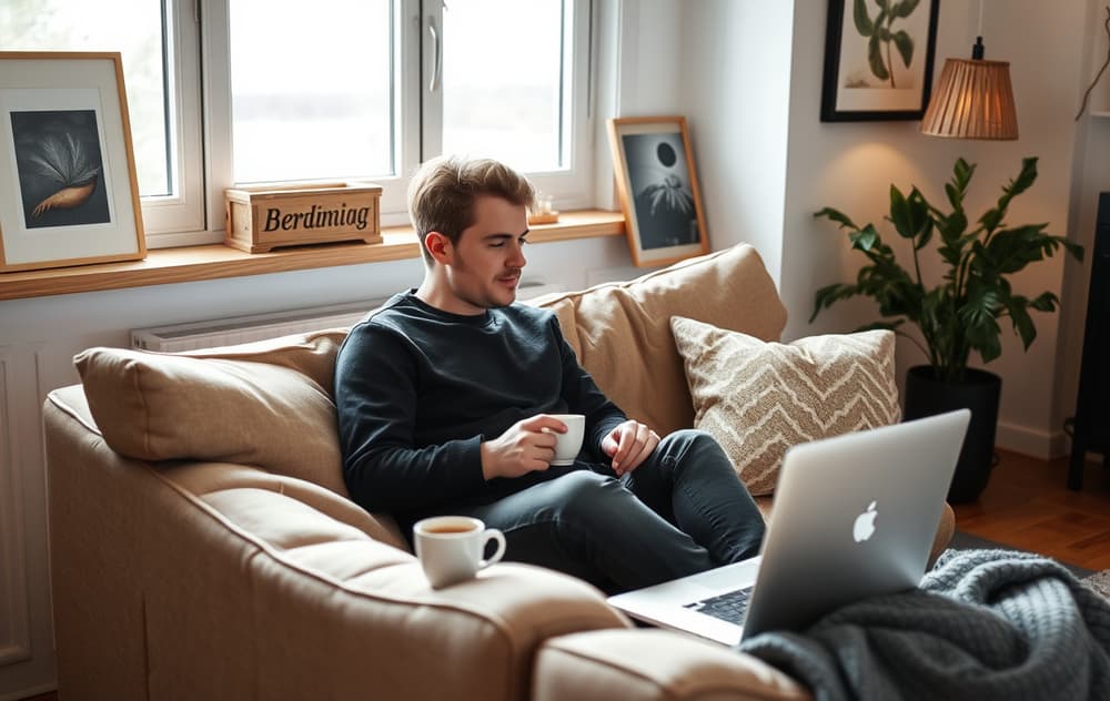 A person comparing casino logos on a laptop with a coffee cup and a notepad nearby