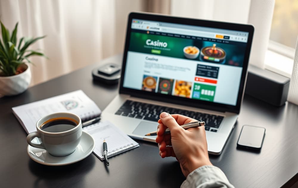 A person in an office chair taking notes while looking at a casino website on a monitor