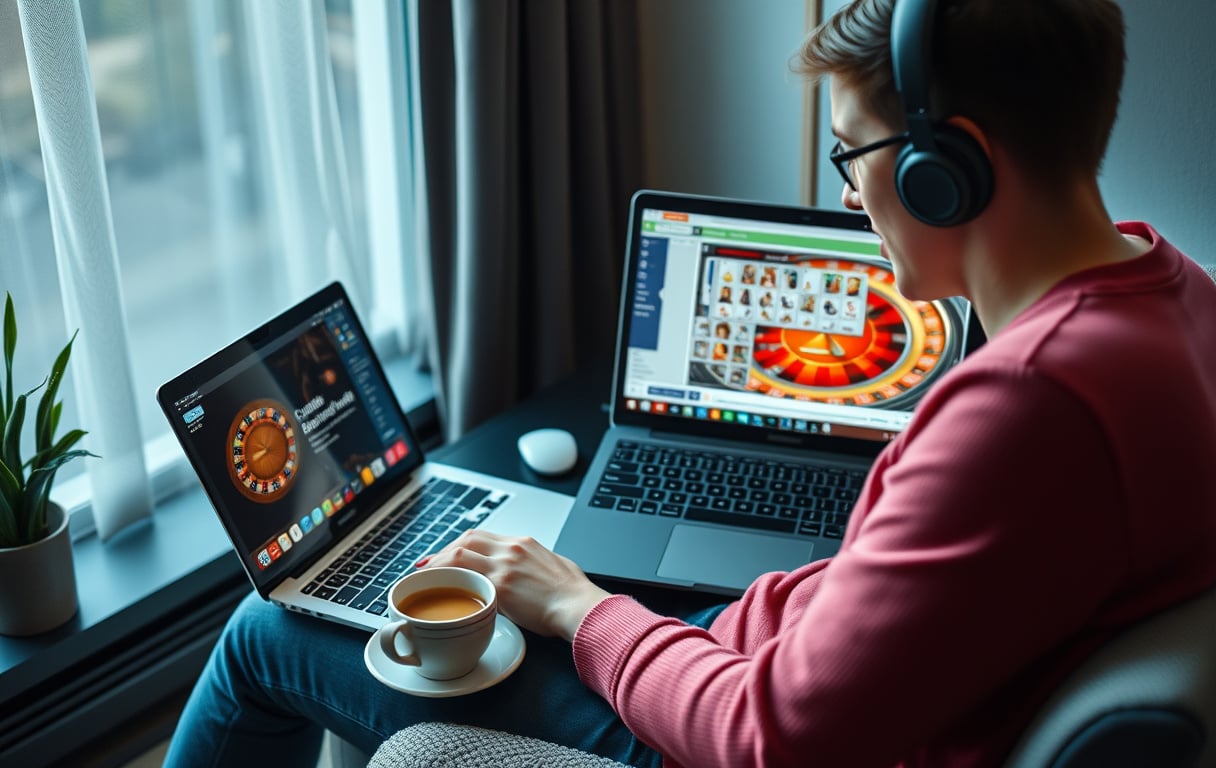 Person som sjekker lisensinformasjon på et nettcasino.