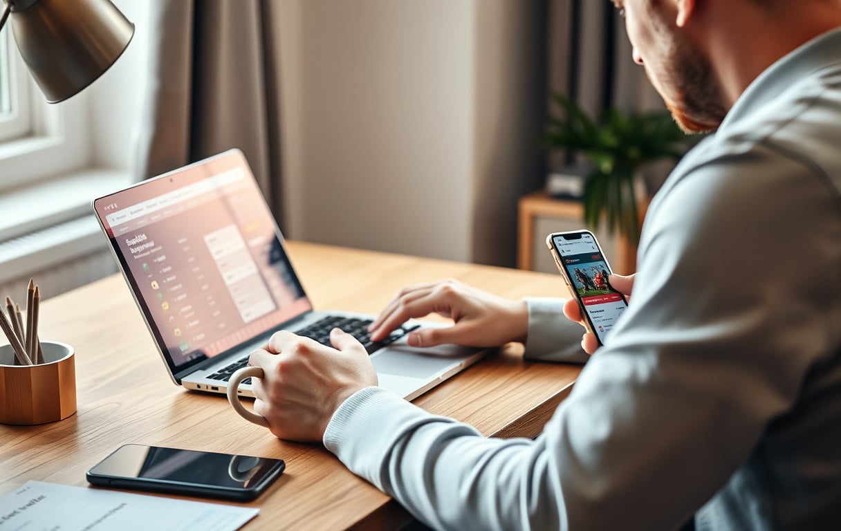 Person som sammenligner odds på en bettingside på laptop