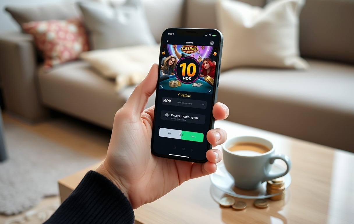 Person som spiller på casino med 10 kroner på mobilen, med kaffekopp og småpenger på bordet.