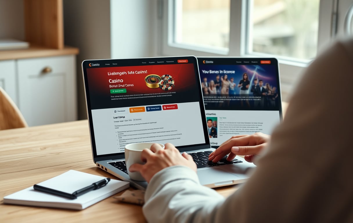Person som sammenligner casinoer på laptop med notatblokk og kaffekopp