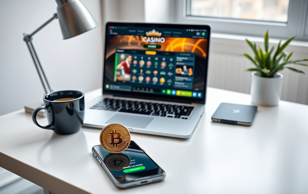 Moderne skrivebord med laptop som viser et kryptocasino, en Bitcoin-mynt og en smarttelefon med blockchain-transaksjon.