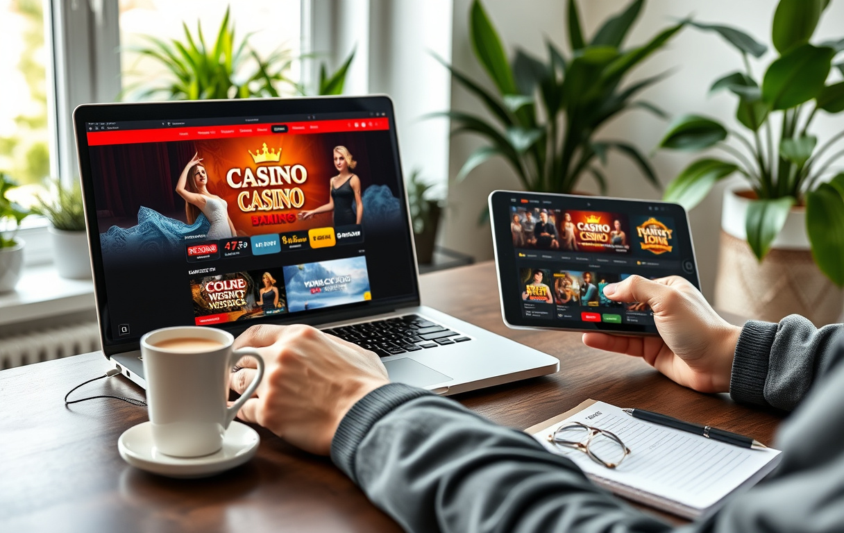 En person som sammenligner casinoer PC og nettbrett med notater om lisens og bonuser