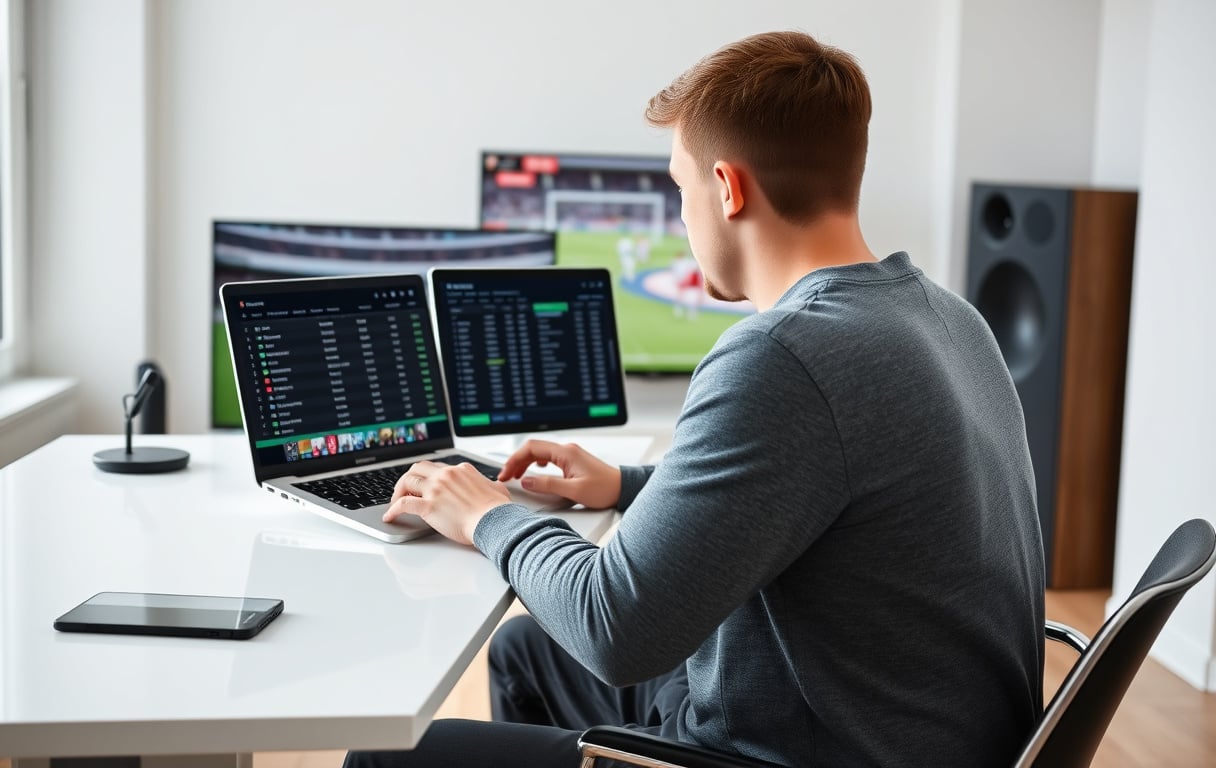 Norsk person sammenligner odds på nye bettingsider på to skjermer