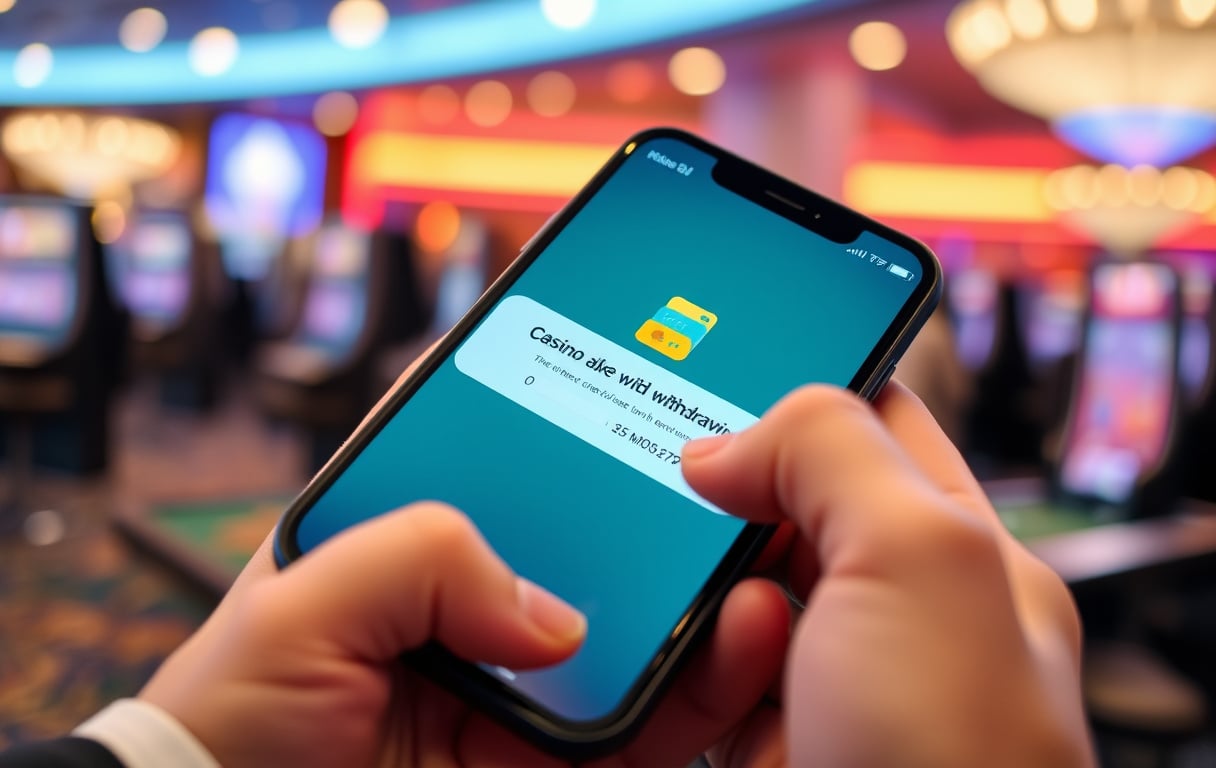 Person som holder en mobiltelefon med uttaksbekreftelse fra et casino, med klokke som viser 5 minutter.