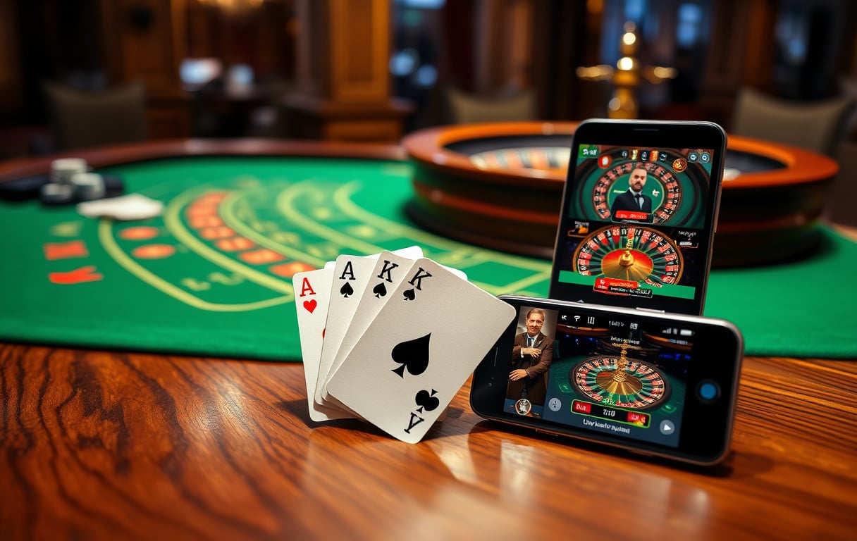 Bordspill casino – blackjack-hånd og roulettehjul med live-dealer på mobil