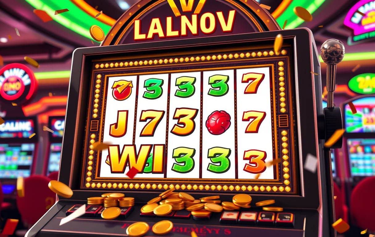 En spilleautomat med en stor jackpot-gevinst, med mynter og konfetti.