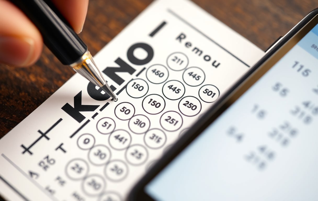 Nærbilde av en Keno-kupong med utfylte tall og en mobiltelefon som viser resultat.