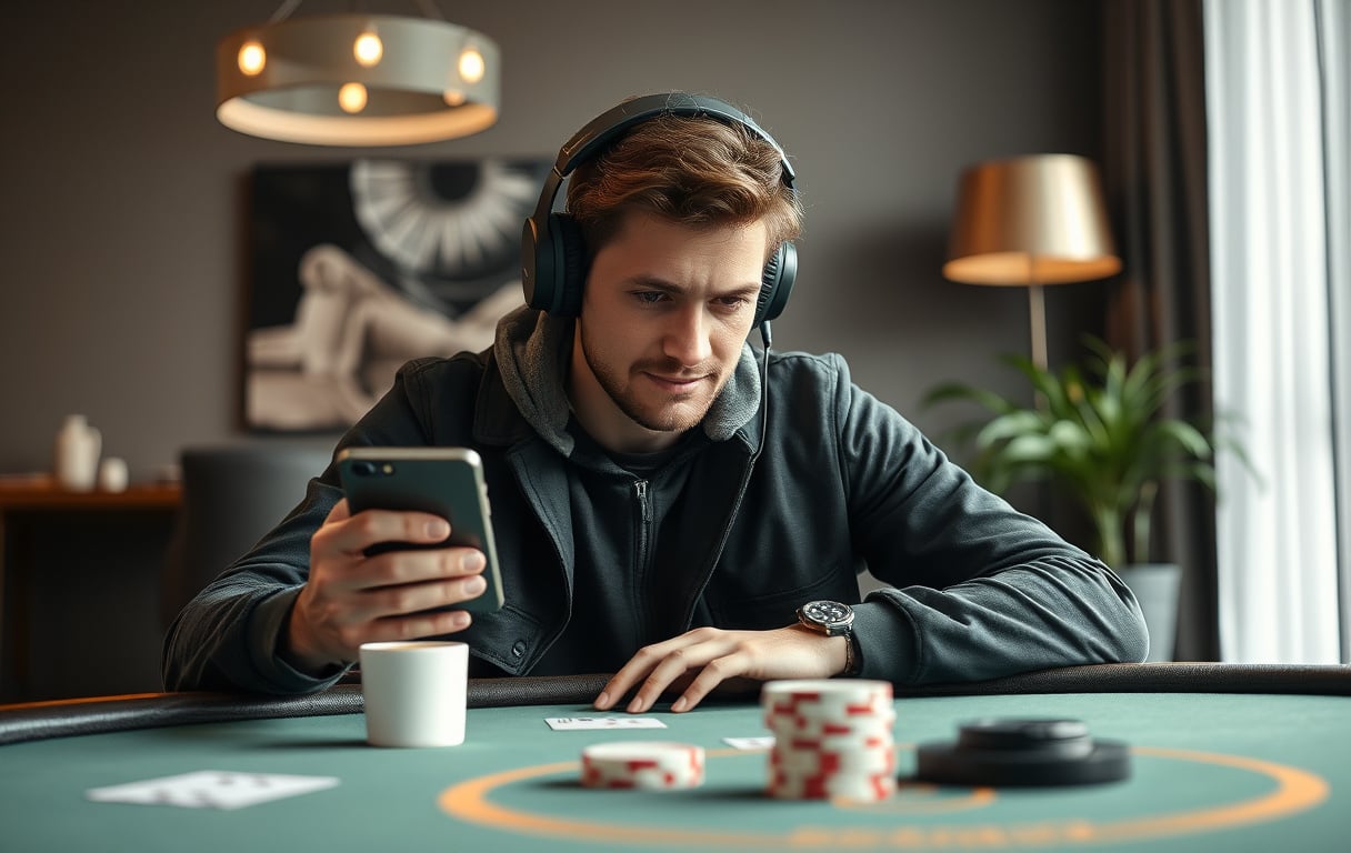 Ung mann spiller poker på mobilen i stuen, med kaffe og headset, skjermen viser pokerbord.